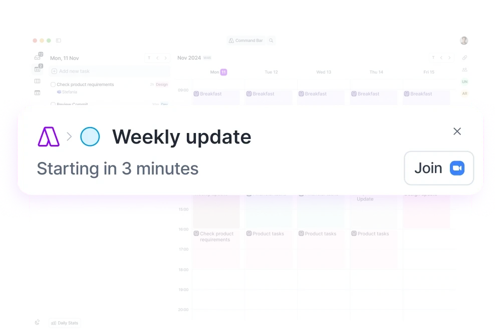 Akiflow calendar showing a smart weekly update notification