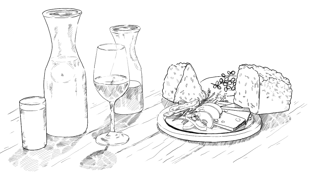 Zeichnung von Karaffen, Weinglas, Brot und einer Jausenplatte
