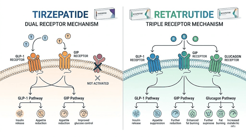 Tirzepatide dual agonist versus retatrutide triple agonist receptor comparison diagram