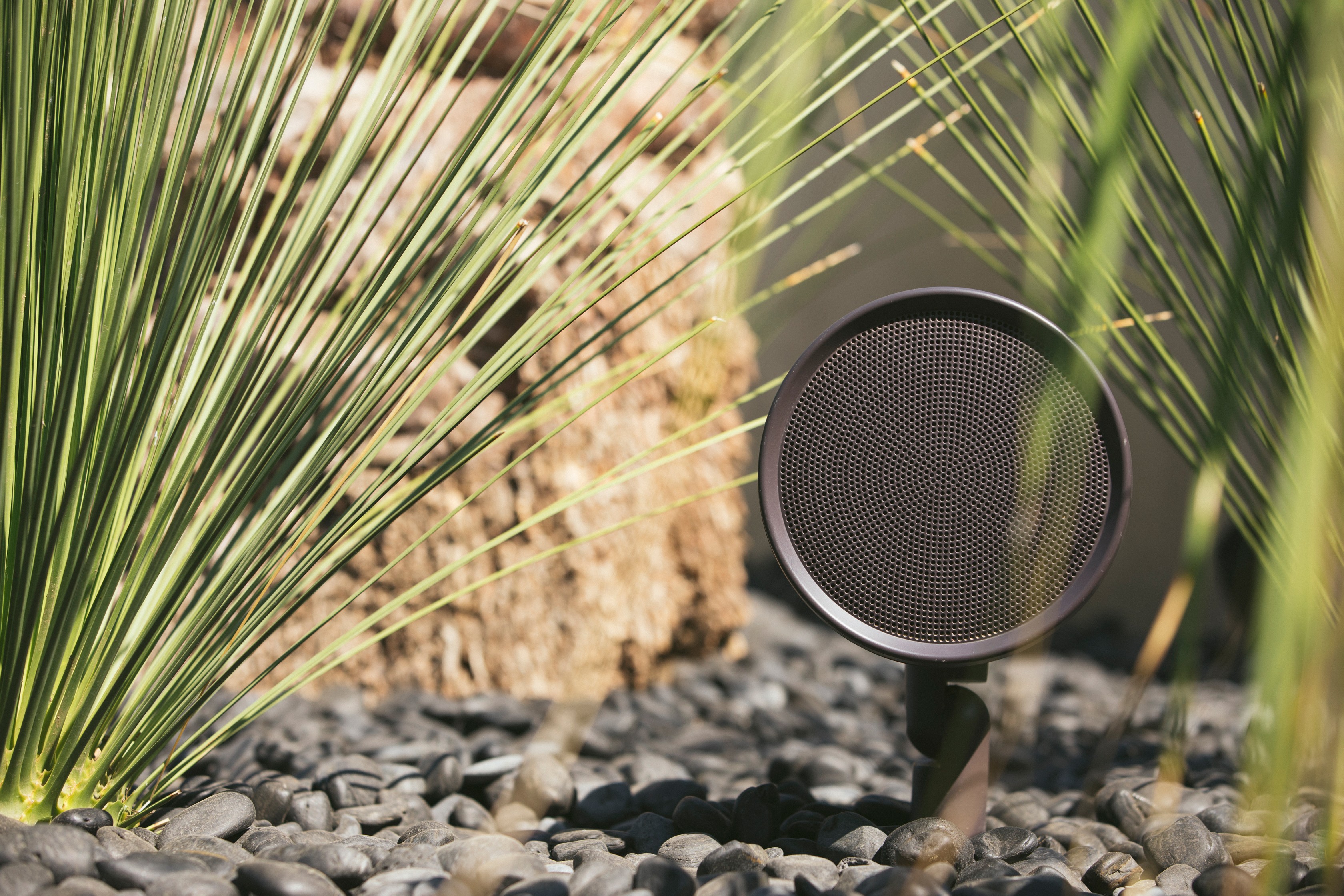 Outdoor speaker among rocks and agaves