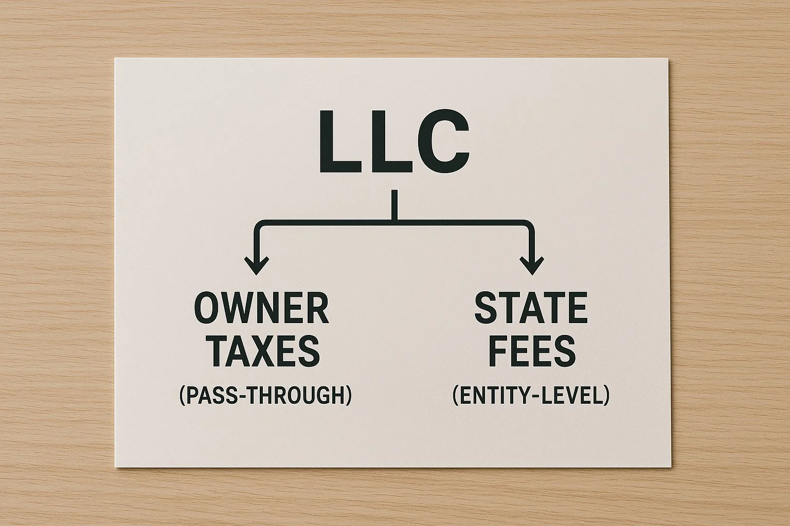 Illustration of an LLC document with two branches—one leading to owner taxes and another to state fees—showing different tax paths.