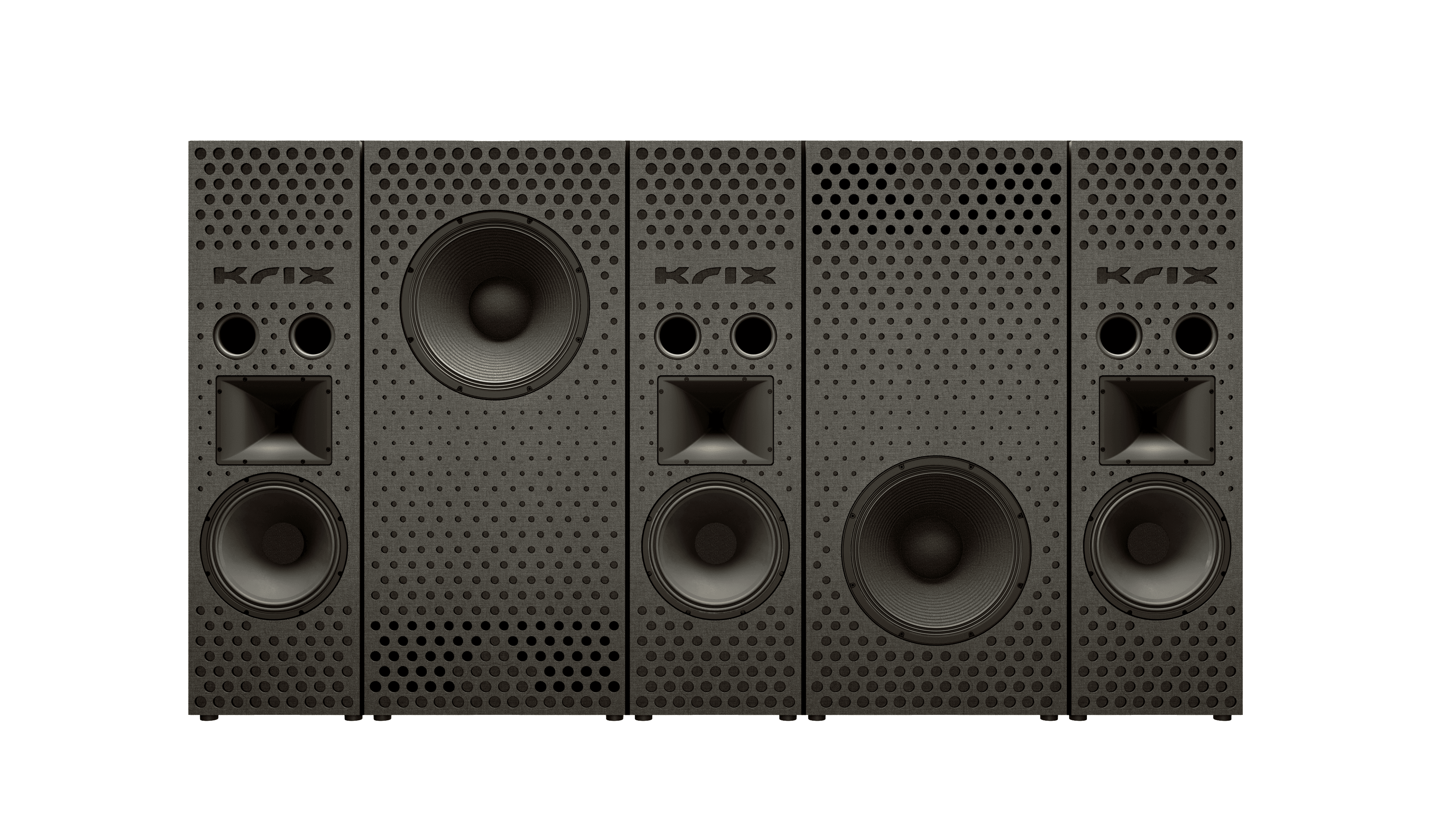 Krix speaker wall with multiple drivers.
