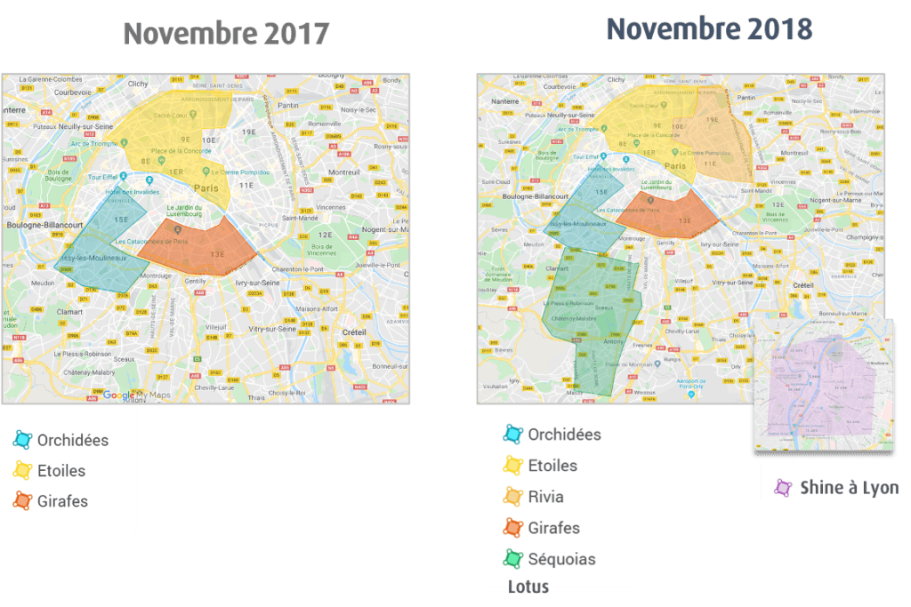 Deux cartes de Paris comparant les secteurs des équipes en novembre 2017 et en novembre 2018, passées de trois à six équipes plus une à Lyon