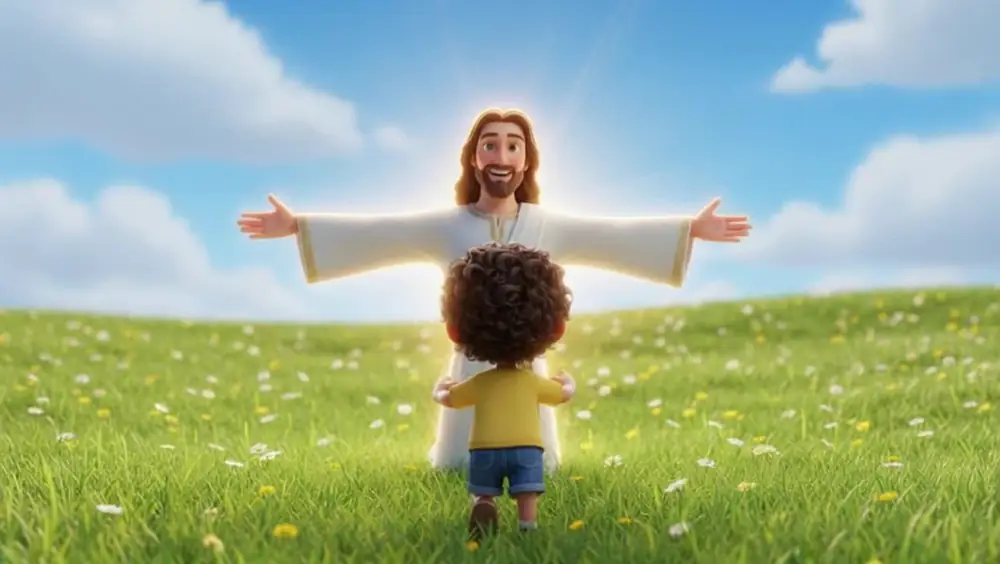 Scene 19: the boy running toward Jesus, who waits with arms open