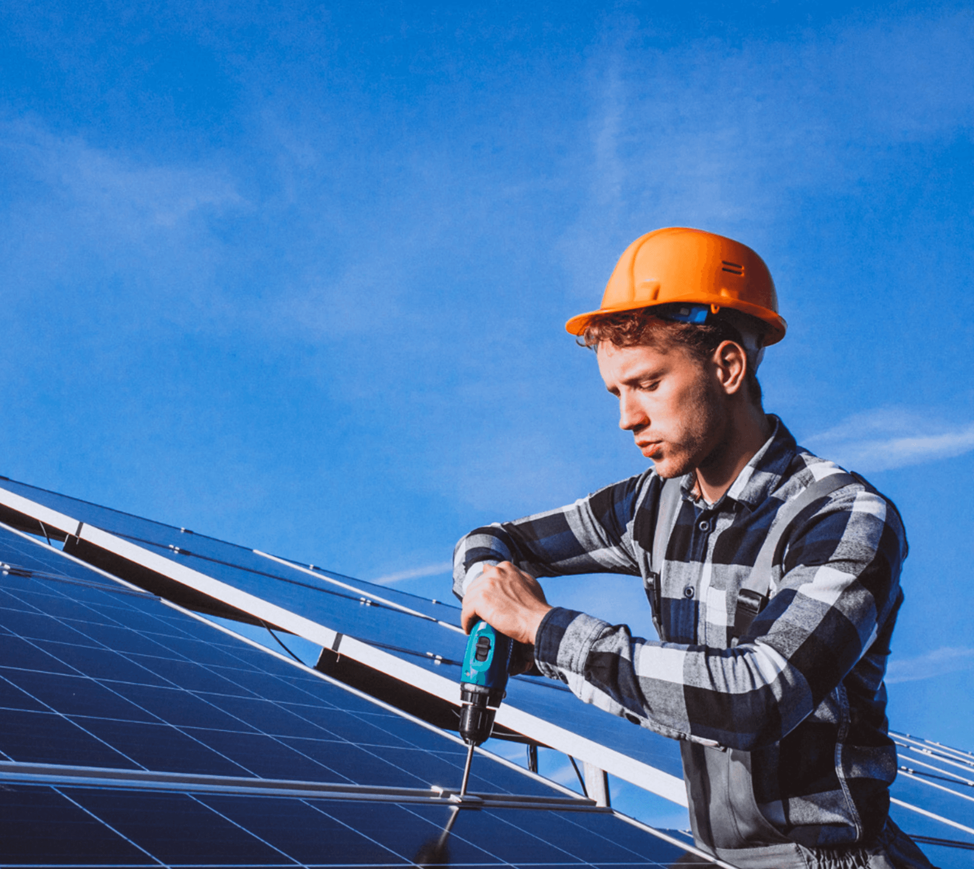 Technician performing solar panel repair on a rooftop array