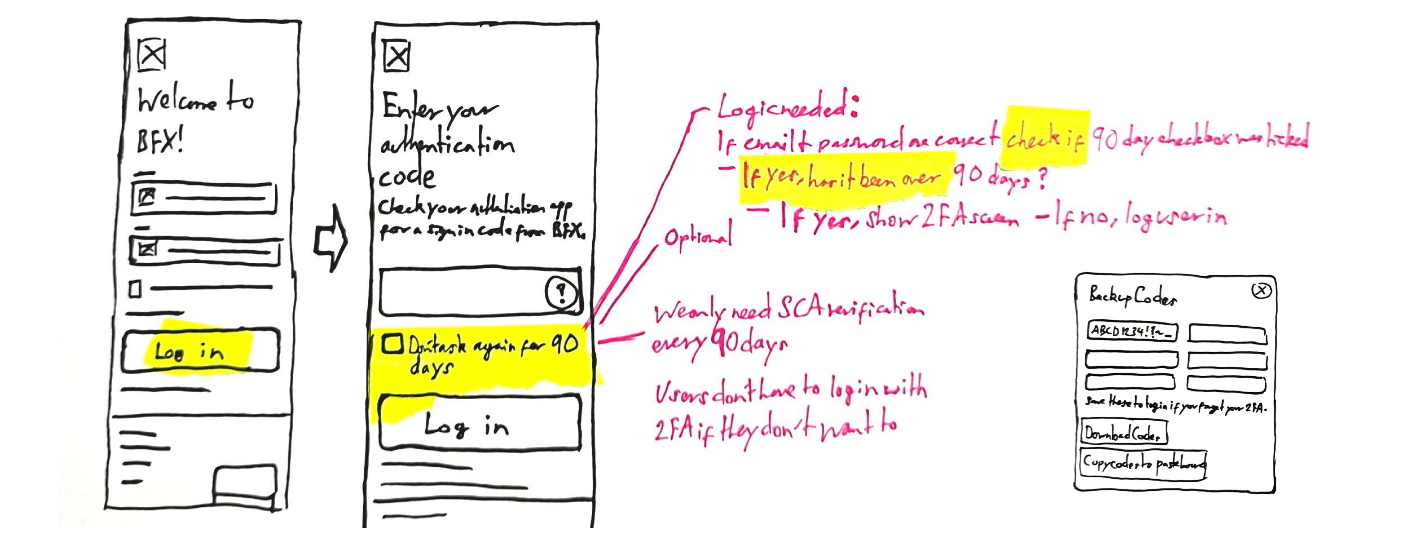 Sketches of how backup codes and not needing to enter a 2-factor authentication code could look.