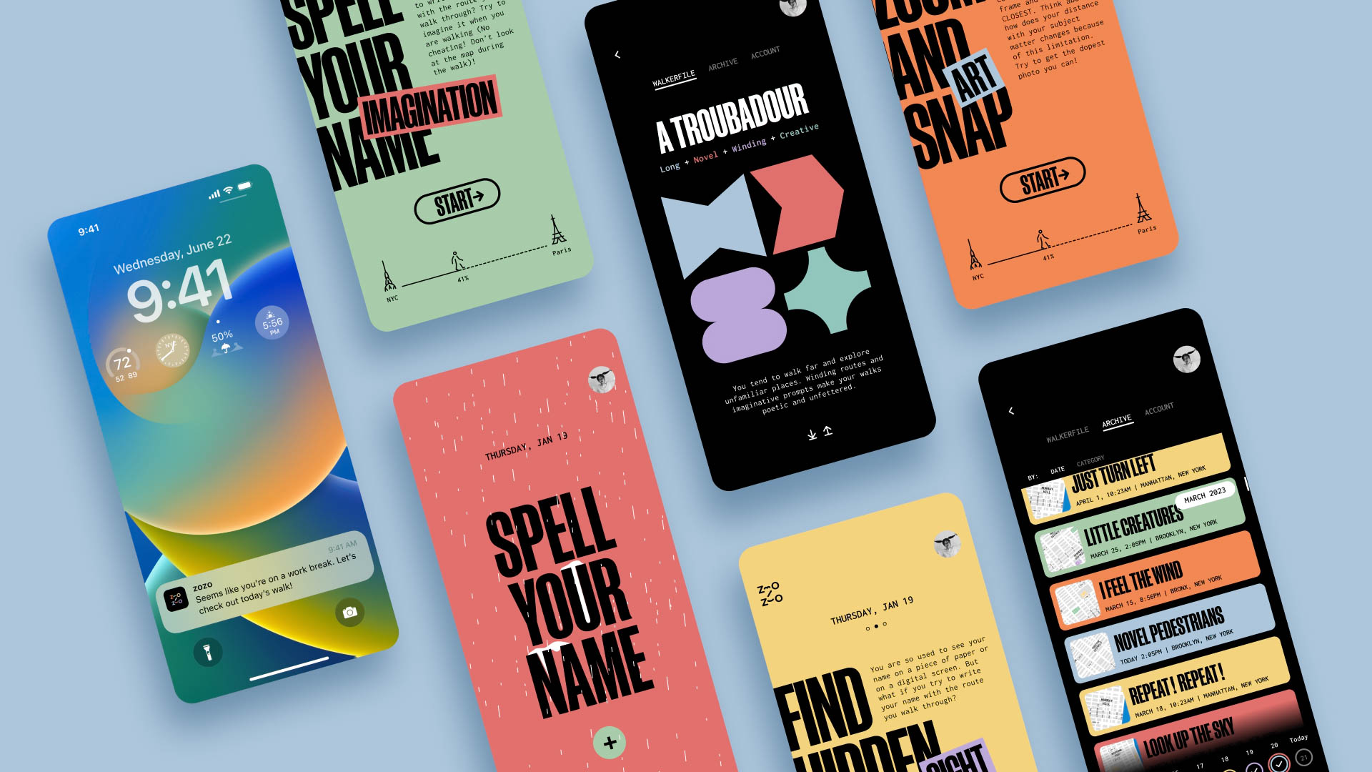 The image shows seven smartphones arranged on a light blue background. Each phone displays a unique design with text and graphics. The phones are positioned in a grid-like layout, with some overlapping others. The text on the phones includes phrases like “SPELL YOUR NAME,” “IMAGINATION,” “ARTCOURSIVE,” “TELL US ABOUT IT,” “FIND YOURSELF,” and “THURSDAY, JAN 19.” The phones vary in color and style, with some featuring colorful backgrounds and others having more muted tones. The overall arrangement of the phones creates a visually interesting composition.