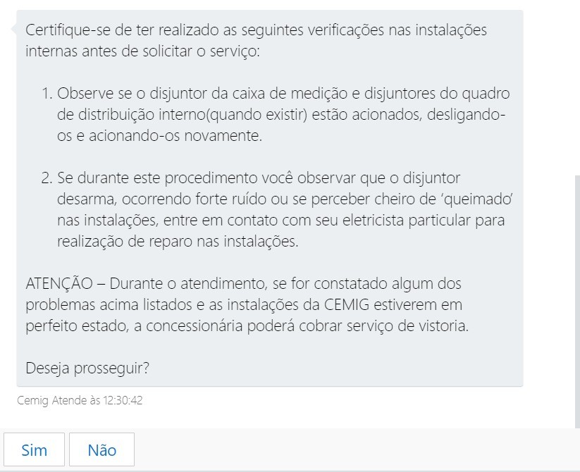notificar falta de energia pelo atendimento cemigbot