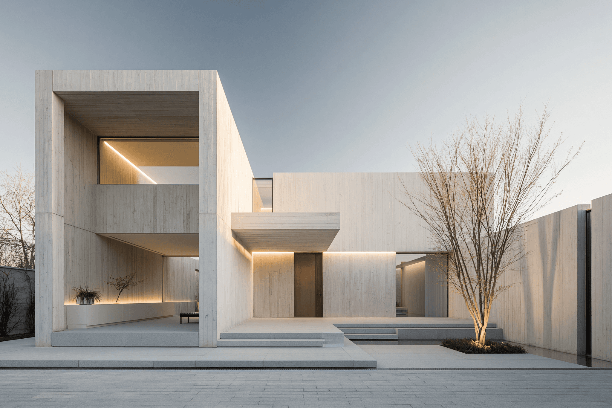 Exterior view of Kōan House at dusk, a minimalist Japanese concrete residence with vertical amber light strips flanking the entrance