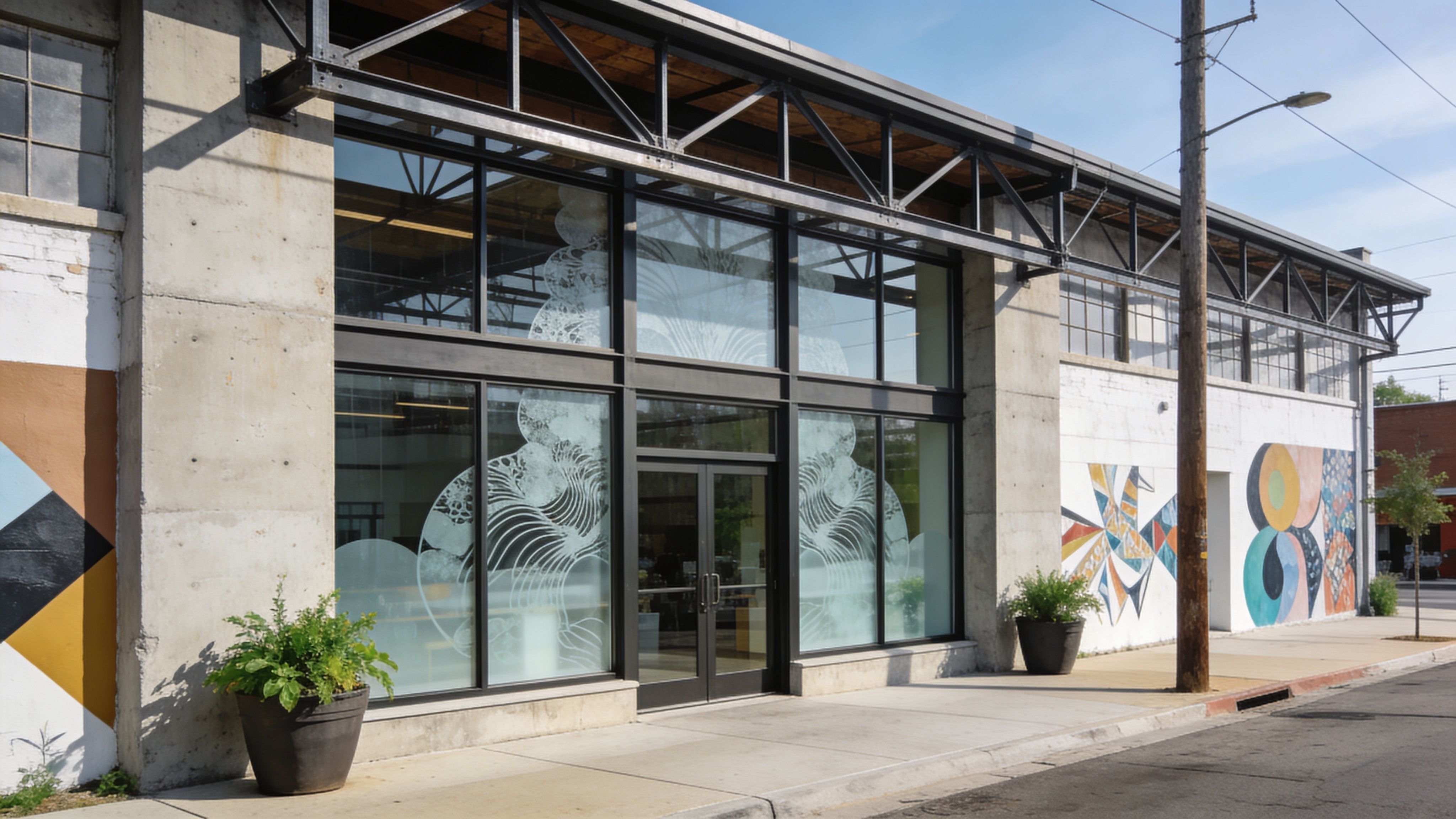 Modern industrial building exterior with large glass windows and artistic wall murals