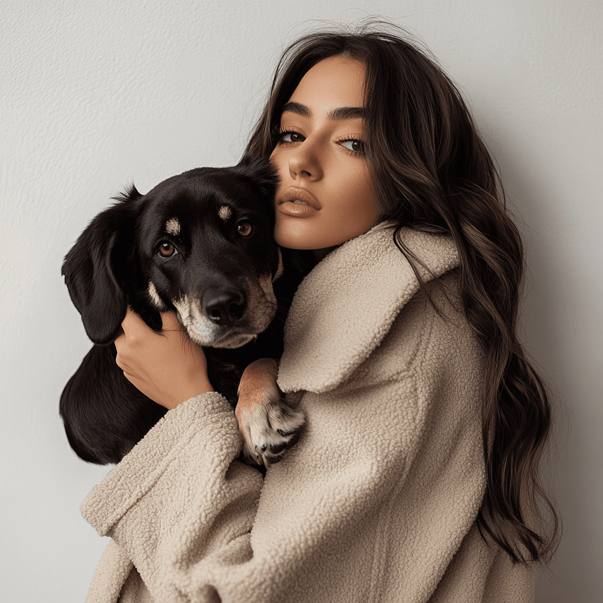 A woman with long dark hair and a neutral expression holds a black and tan dog close, both wrapped in an oversized beige coat, against a plain white background.