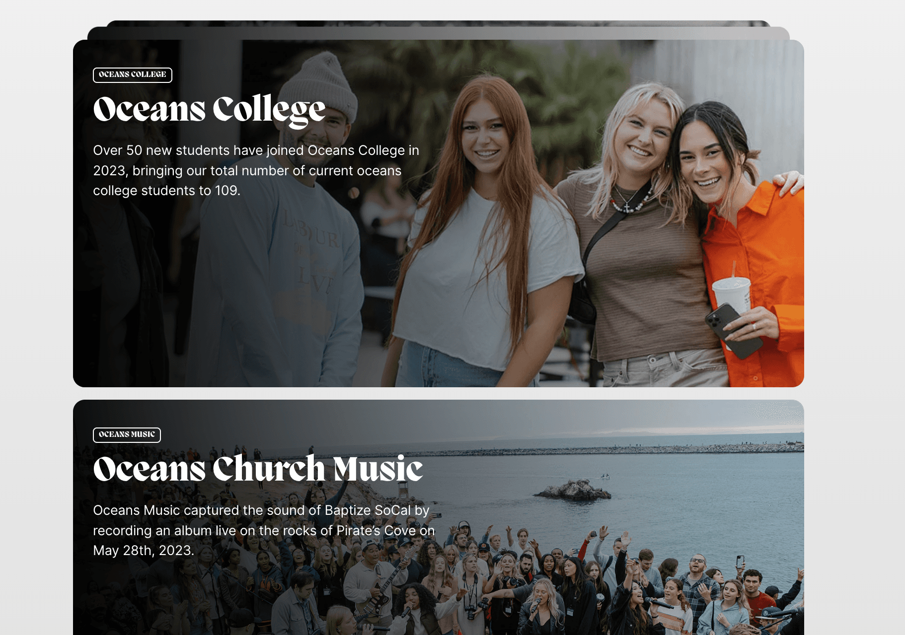 2023 Year In Review website showing Oceans College milestone of 109 students and Oceans Church Music recording a live album at Pirate's Cove on May 28th, 2023