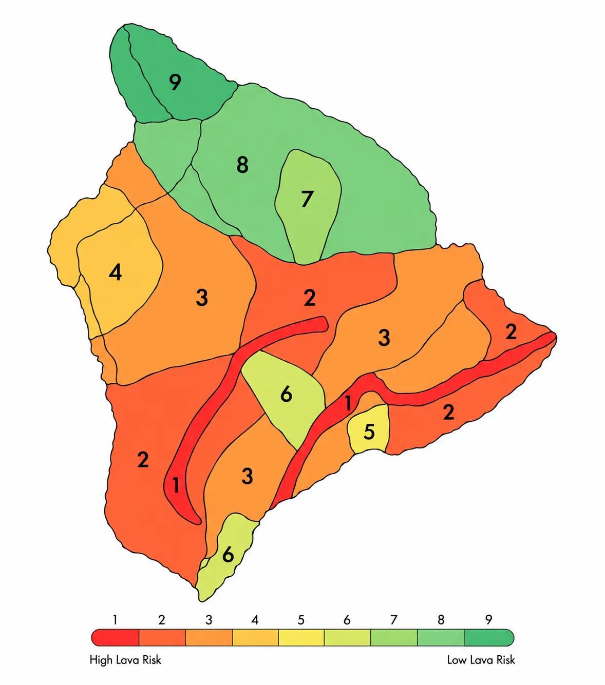 Map of the Island of Hawaiʻi divided into the nine USGS lava hazard zones, shaded from red for zone 1 to green for zone 9