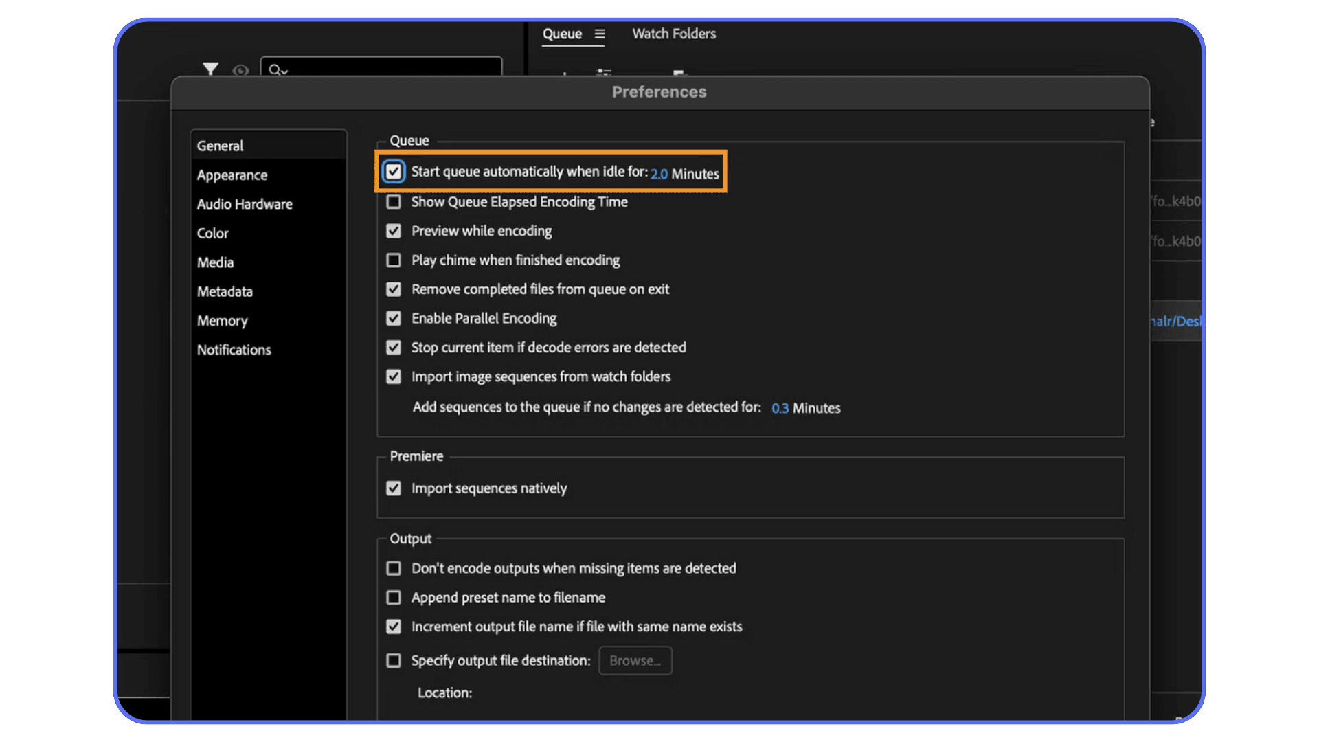 Adobe Media Encoder preferences panel showing queue and encoding behavior settings