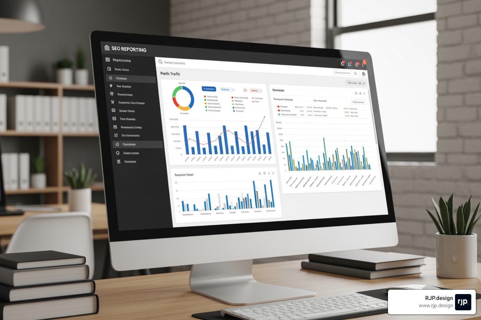 A modern SEO reporting dashboard showing traffic growth and keyword improvements
