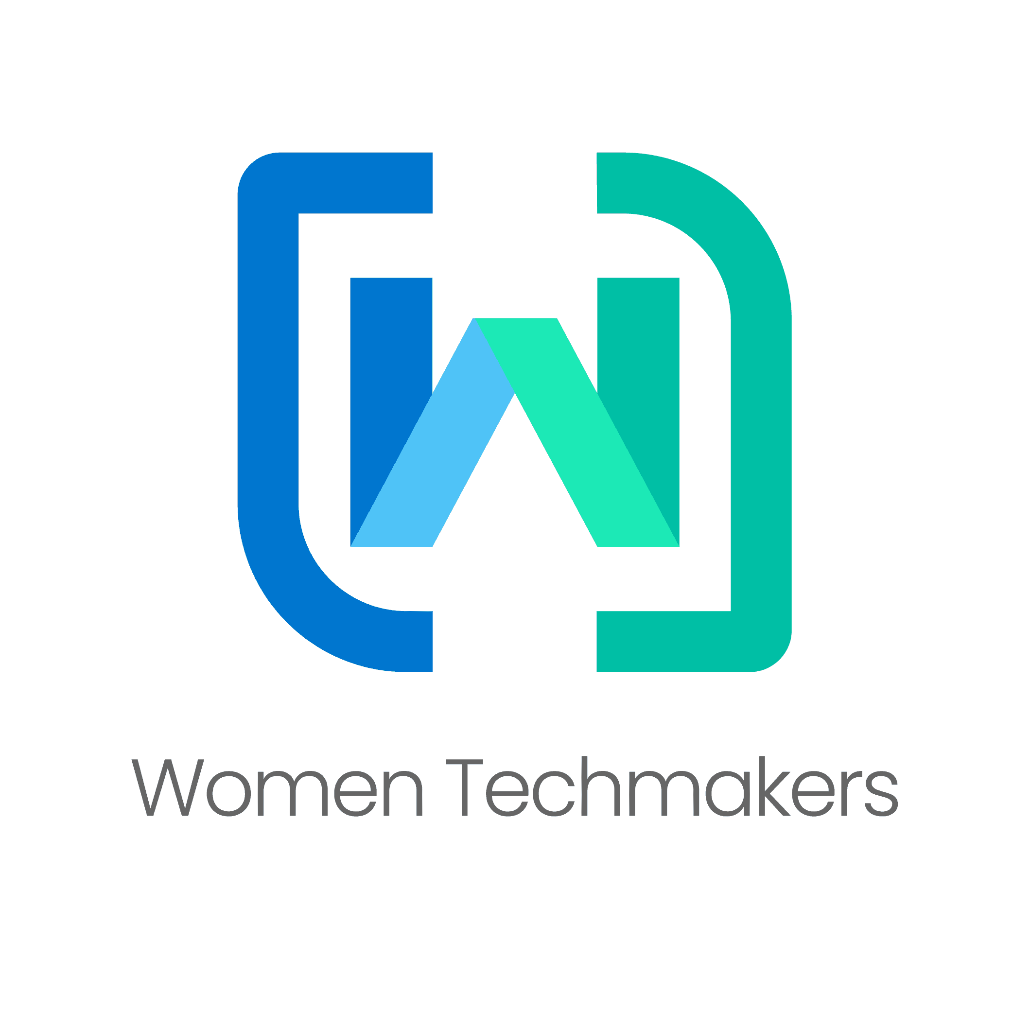 Ein abstraktes "W" aus ineinandergreifenden eckigen Formen in Blau und Grün, darunter der Schriftzug "Women Techmakers".