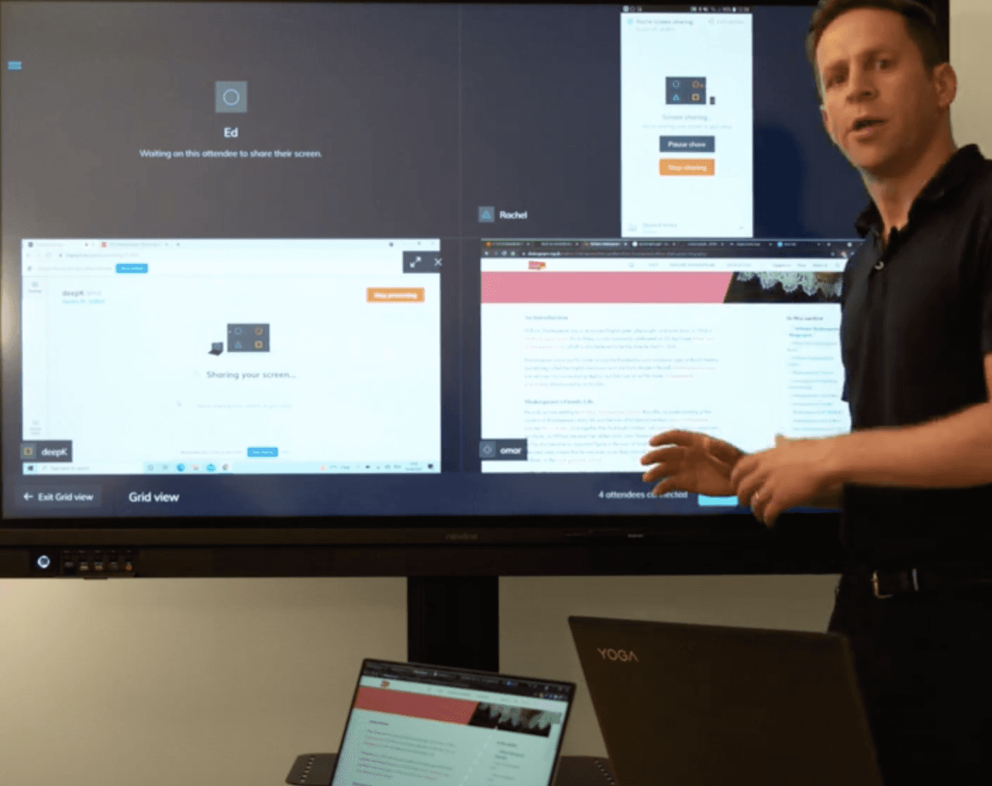 4 streams being shared to the large screen at the front of the room to compare work and encourage collaboration