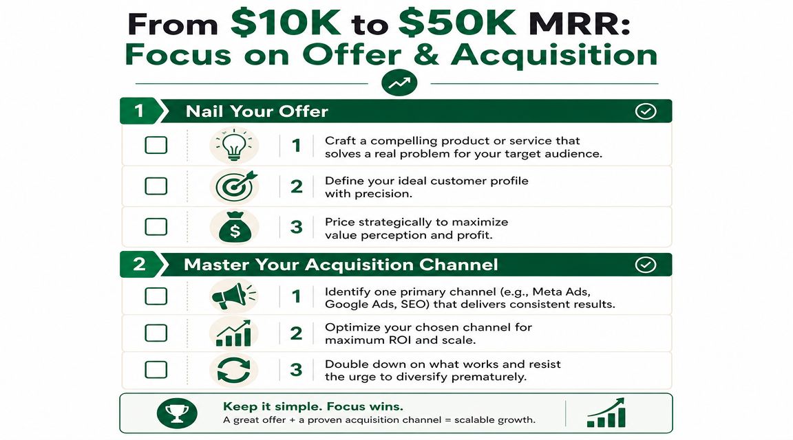 An infographic showing two growth steps for businesses: nailing your offer and mastering your acquisition channel.