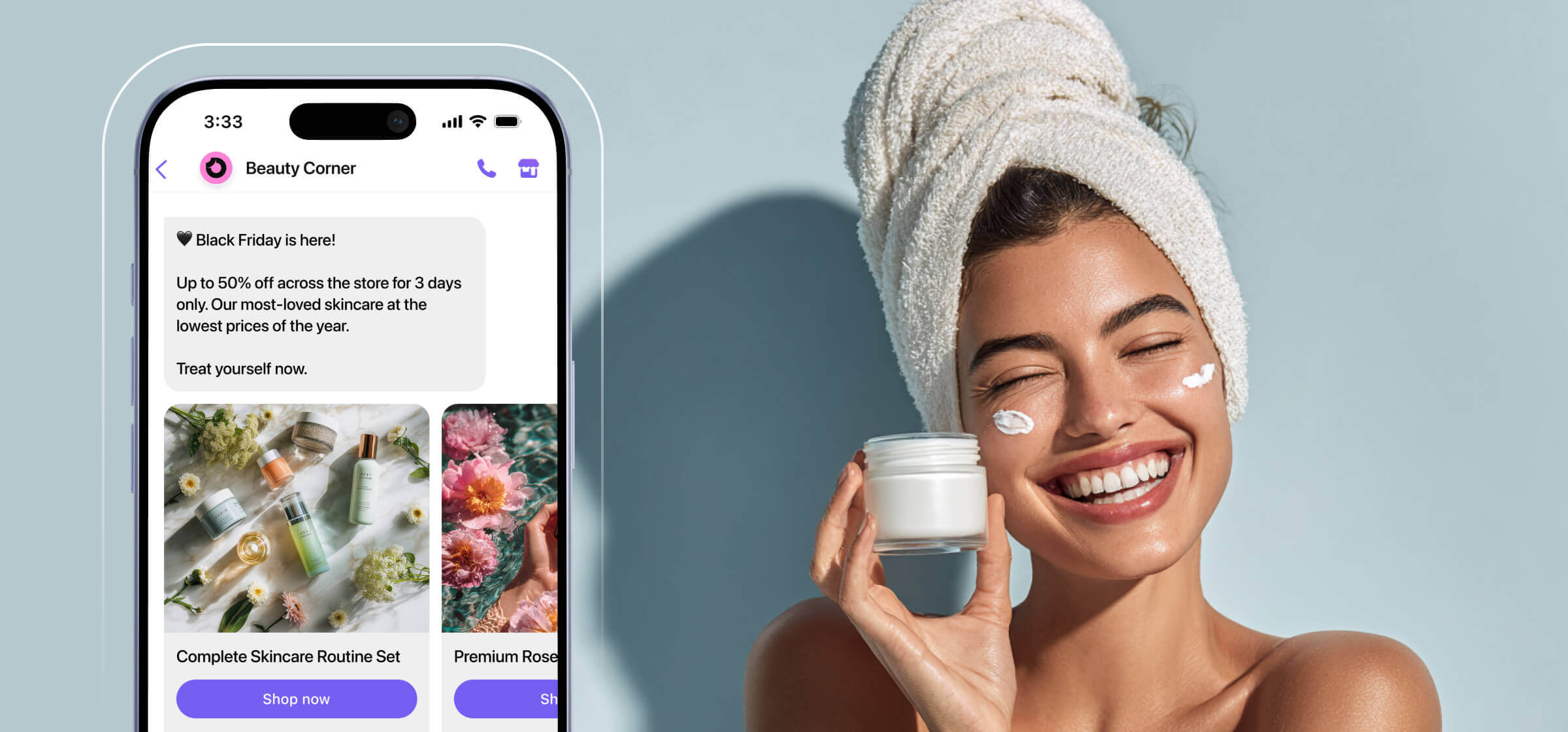 Woman posing with skincare routine. Looking happy and confident with her smartphone screen, which depicts a personalized Viber message related to health and beauty product