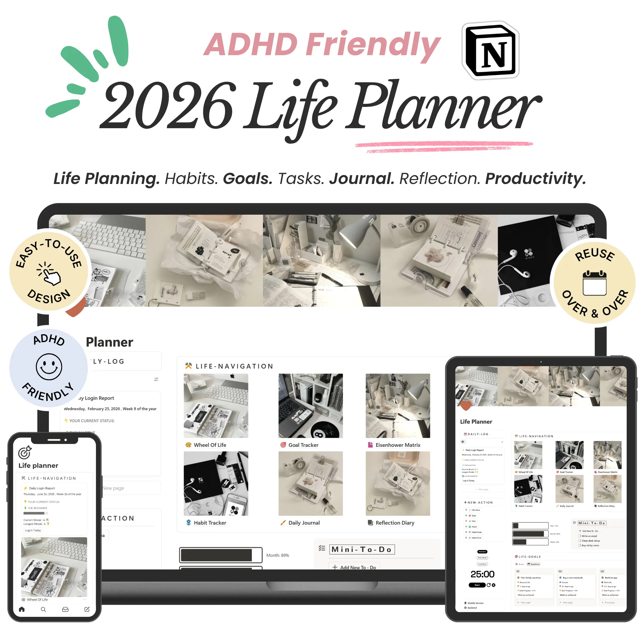 ADHD friendly 2026 Notion life planner template with goals, habits, tasks, daily journal and reflection