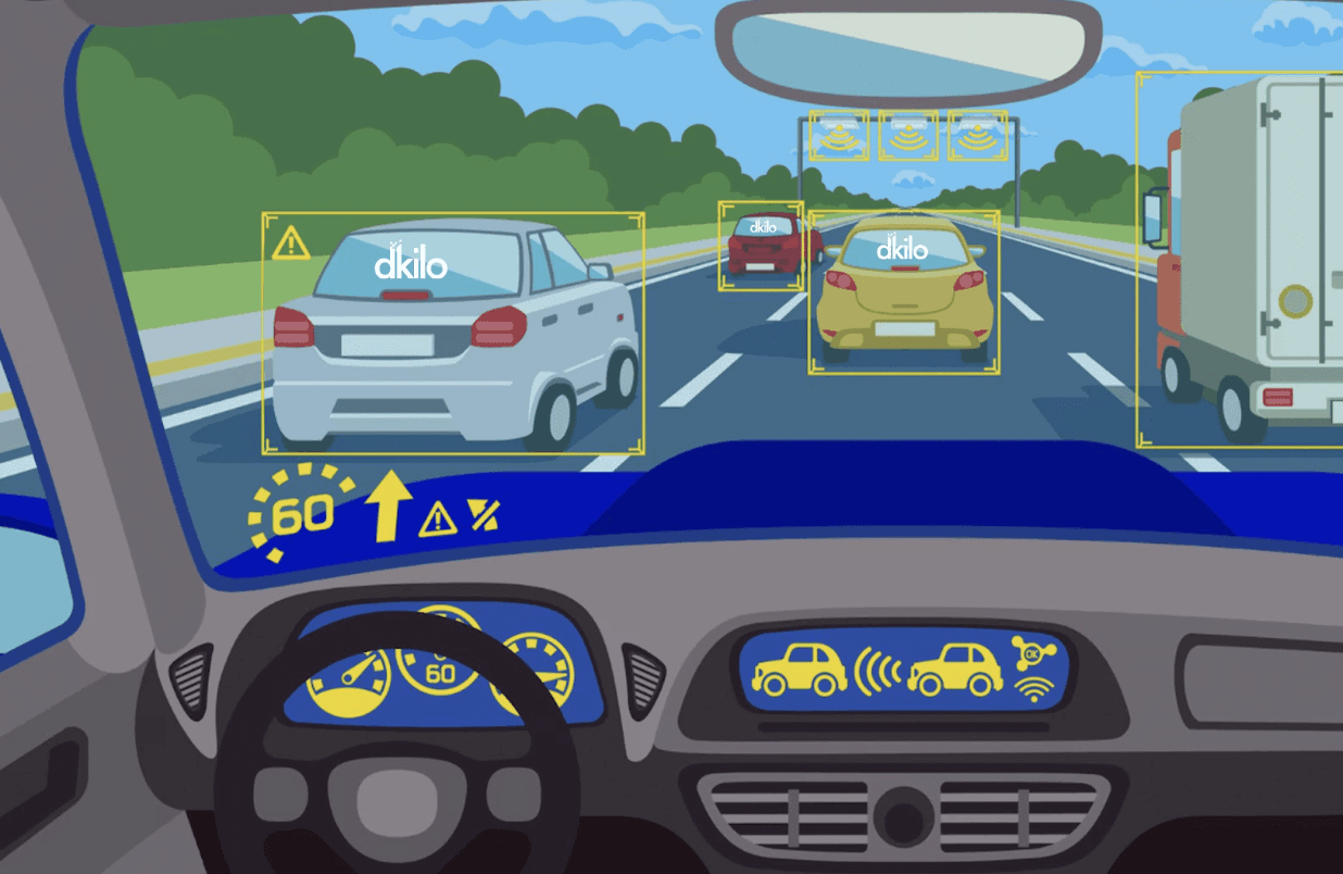 Fleet of branded dKilo cars driving through a busy city street, showcasing digital out-of-home advertising on vehicles.