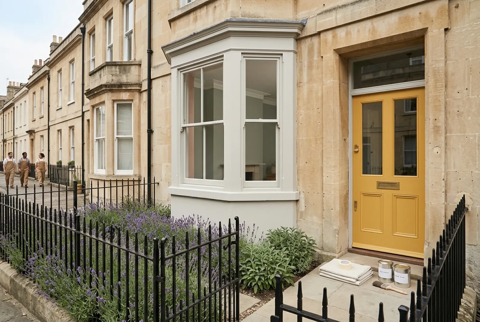 A Victorian bay-fronted Bath stone house with a mustard-yellow front door and grey-white bay