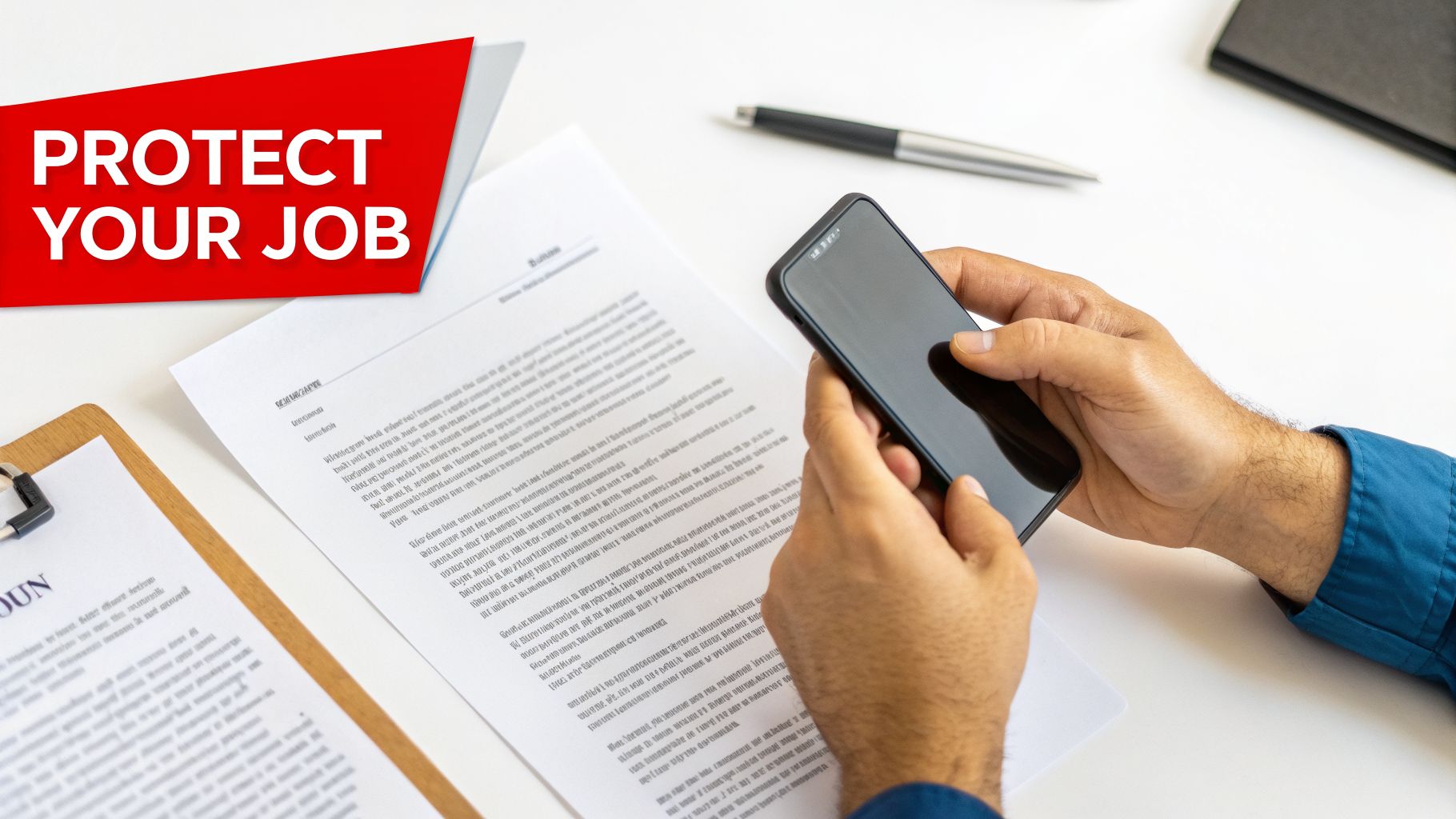 A person holds a smartphone above legal documents on a desk with a red 'PROTECT YOUR JOB' banner.