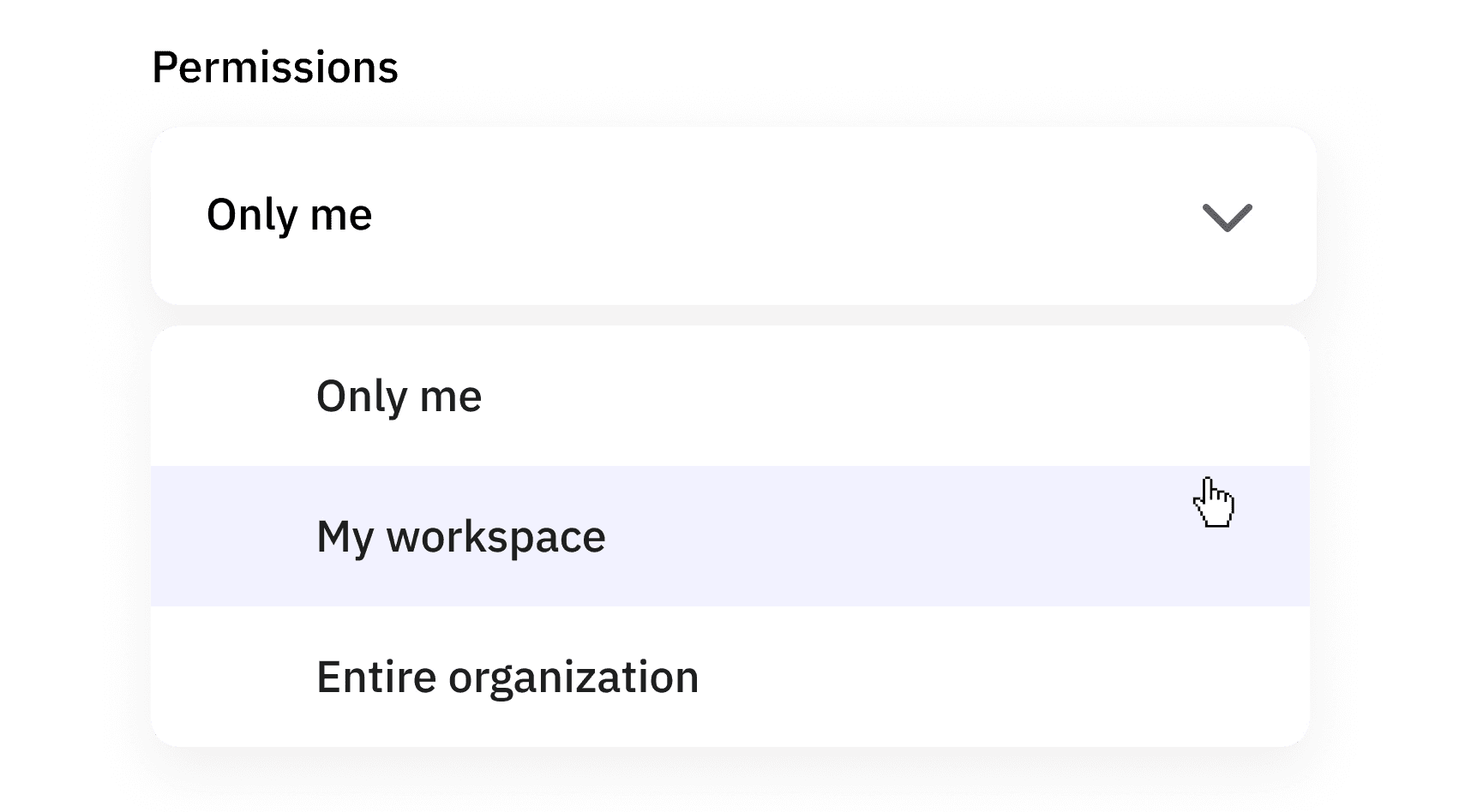 Dropdown menu showing sharing permissions options including only me, workspace, and organization