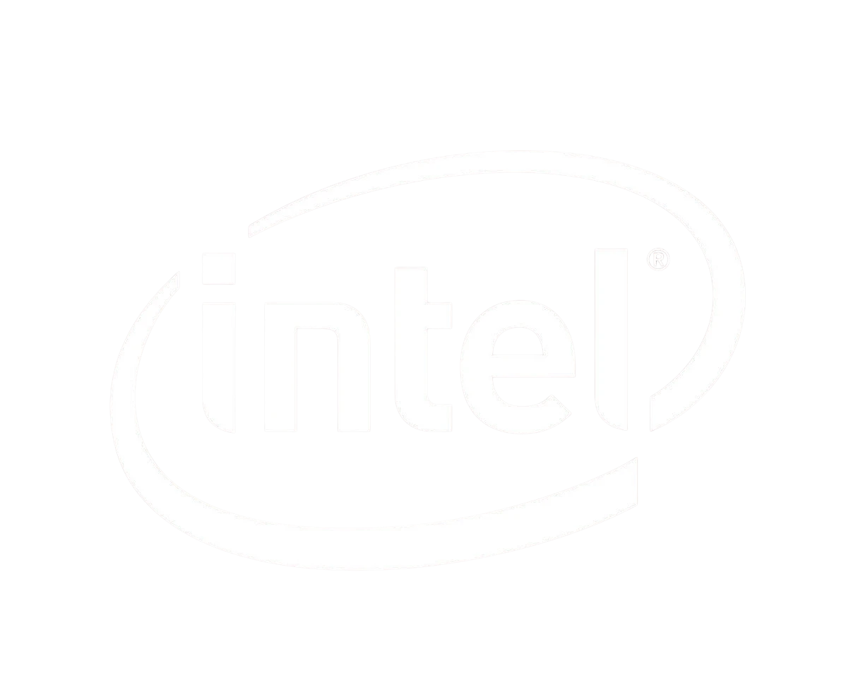 The image displays the white Intel logo on a black background, featuring the brand name in lowercase letters encircled by an elliptical swoosh.