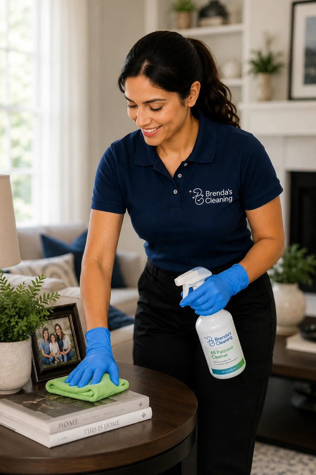 A smiling professional living room cleaning specialist with Brenda's Cleaning service wiping down a dark wood side table with a green microfiber cloth. She is holding a branded Brenda's Cleaning "All Purpose Cleaner" spray bottle while performing detailed residential maid services. Dressed in a company-branded navy blue uniform polo shirt, black work trousers, and blue protective nitrile gloves, she carefully cleans a tabletop decorated with a framed family photo, books, and a small potted plant. The scene highlights premium home housekeeping, living area dusting, and local residential cleaning services inside a bright, tastefully decorated modern home featuring a sofa with blue accent pillows and built-in shelving in the background.