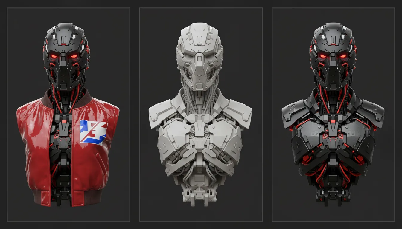 3D render of a triptych showcasing the design process of an ultra-detailed sci-fi cyborg bust, Blender style. The scene is lit with soft global illumination against a dark studio backdrop. The model features intricate hardsurface details, exposed wiring, and mechanical parts, with a strong color scheme of matte black, dark grey, and glowing red emissive highlights. The left panel shows the final model wearing a glossy red bomber jacket with abstract decals. The center panel is a light grey clay render, emphasizing the complex geometry. The right panel shows the final textured model without the jacket.