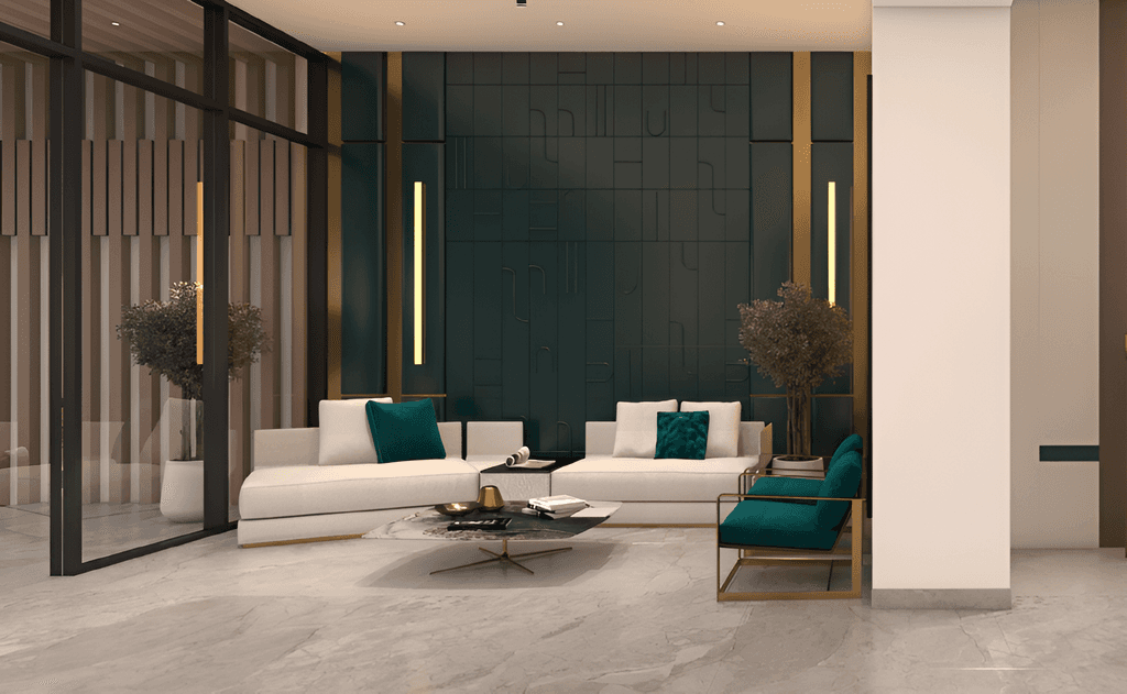 Chic living room in Rose Gold Residences, designed with tasteful furnishings, warm tones, and inviting decor elements.