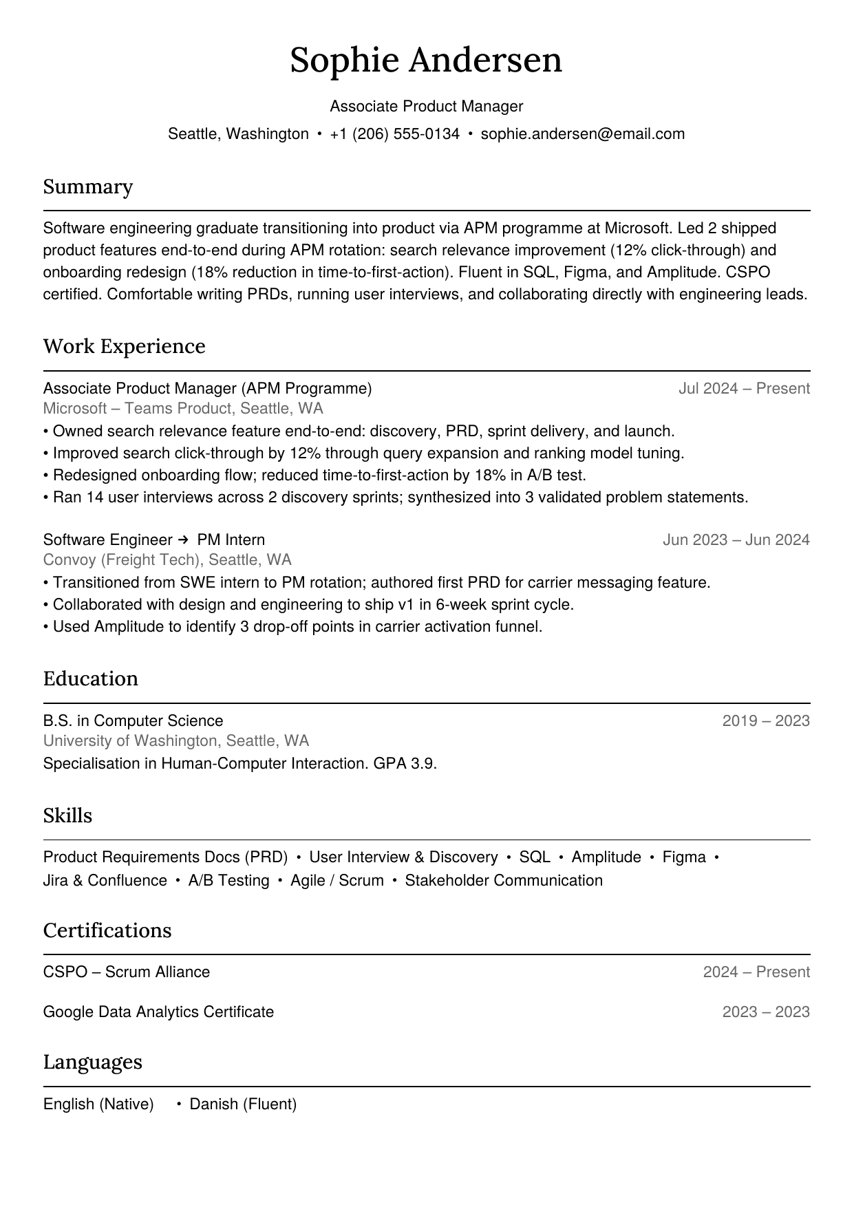 Entry-level product manager resume example