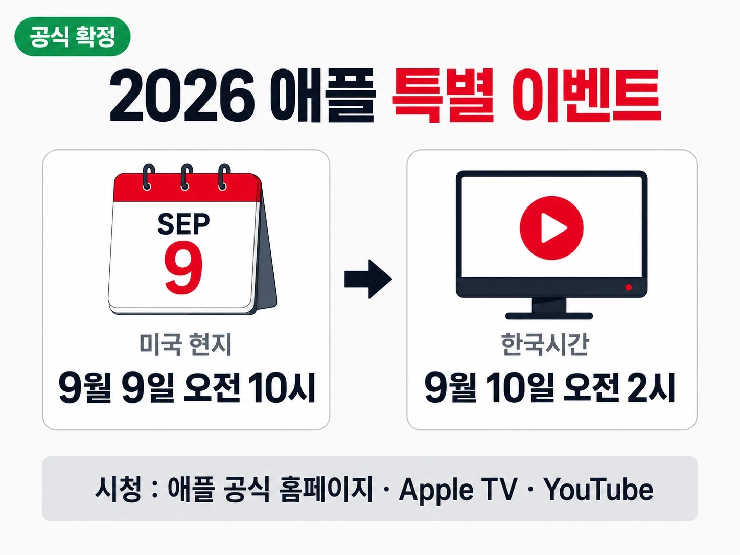 2026 애플 이벤트 9월 9일 미국 현지, 한국시간 9월 10일 오전 2시 생중계 일정