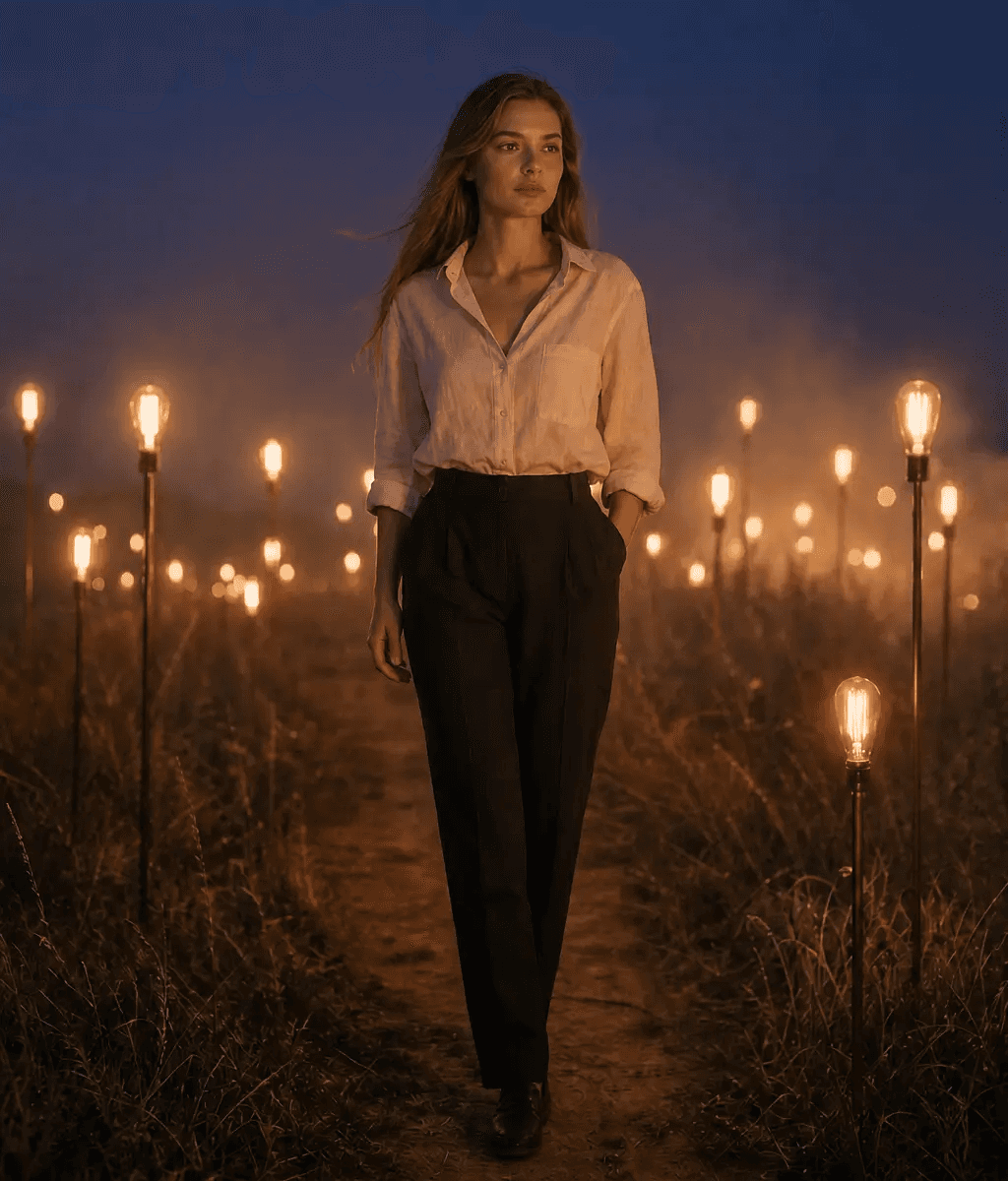 AI-generated female portrait of a woman walking through glowing lights in an outdoor evening landscape beneath a twilight sky.