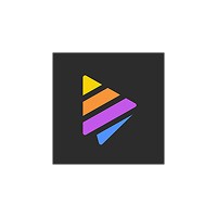 Colorful striped triangle logo on a dark background.