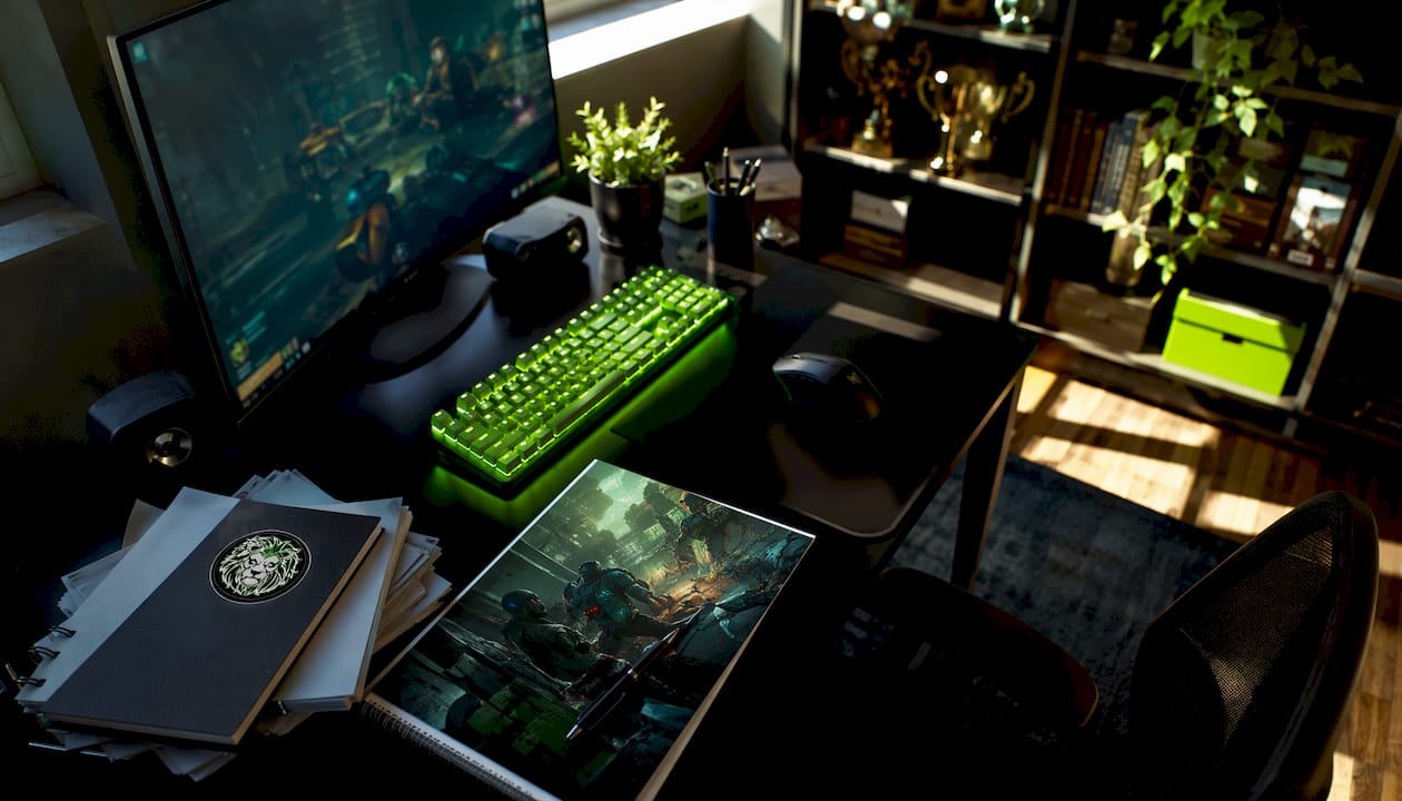 Close-up tech desk with AI workflow and gaming gear