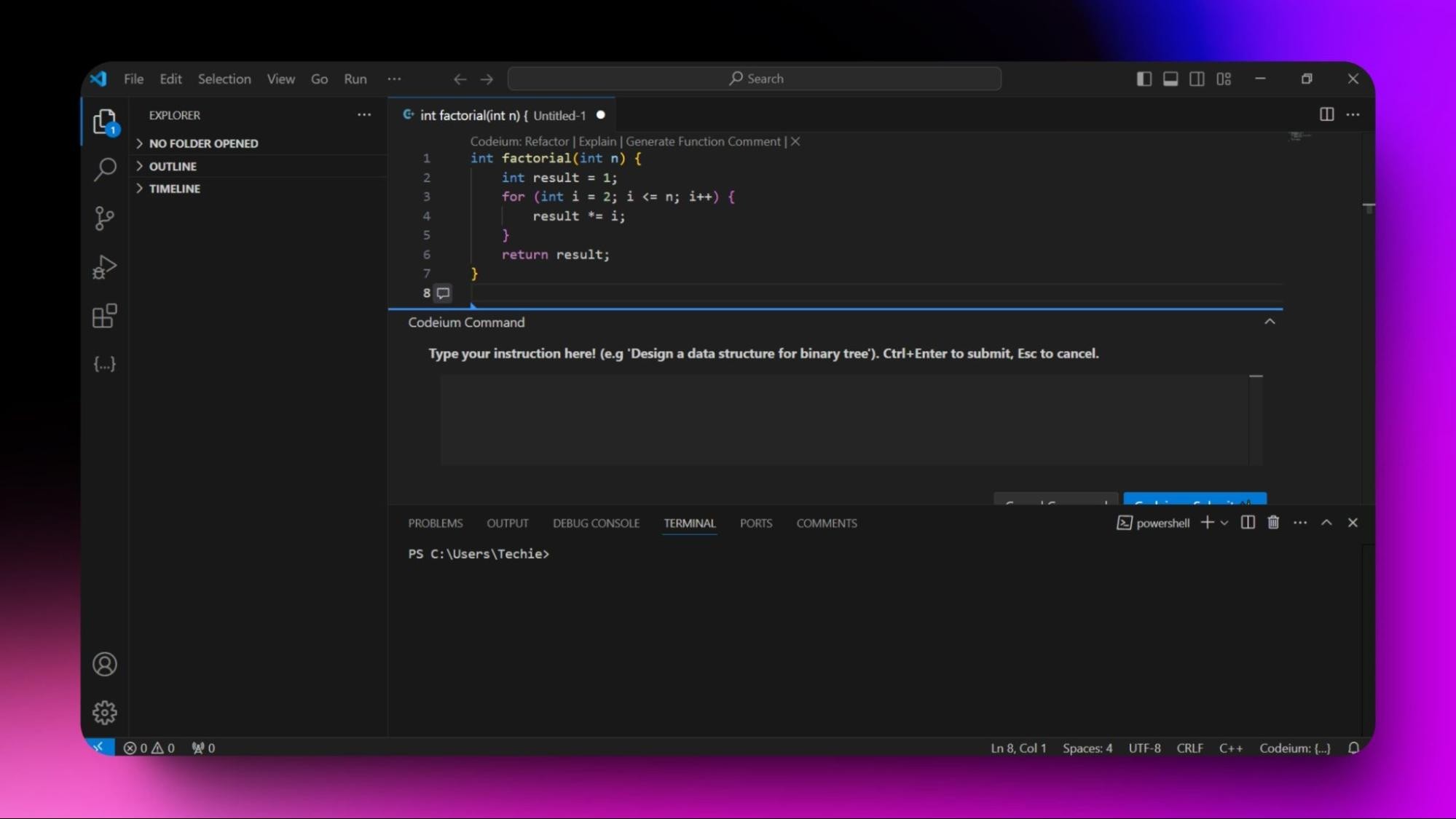 Screenshot of a Codeium integrated in a development environment, showing a function for calculating factorial in C++.