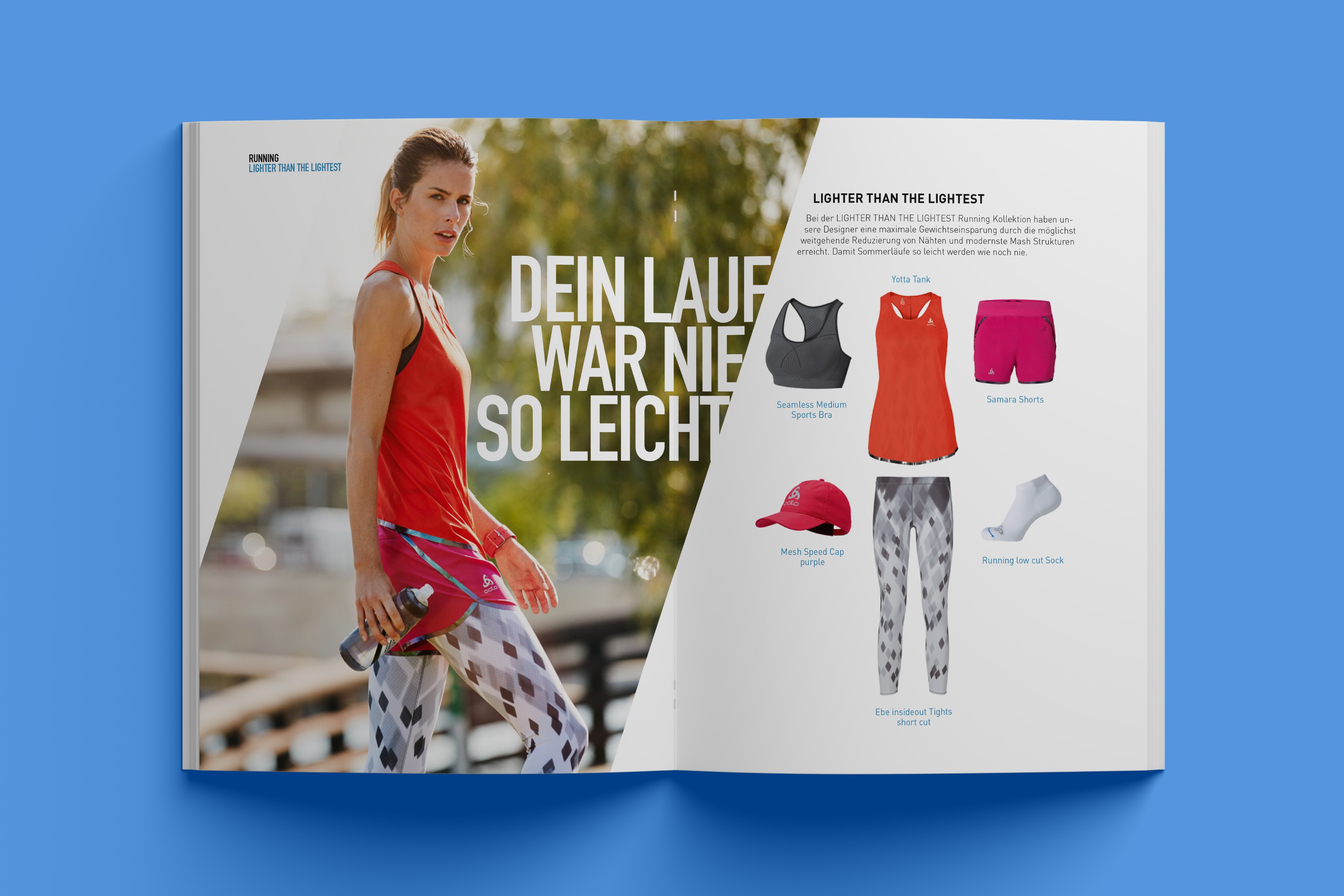 Doppelseite des Odlo Katalogs – präzises Layout mit ausgewogener Verbindung von Kmapagnen- sowie Produktfotografie und Typografie