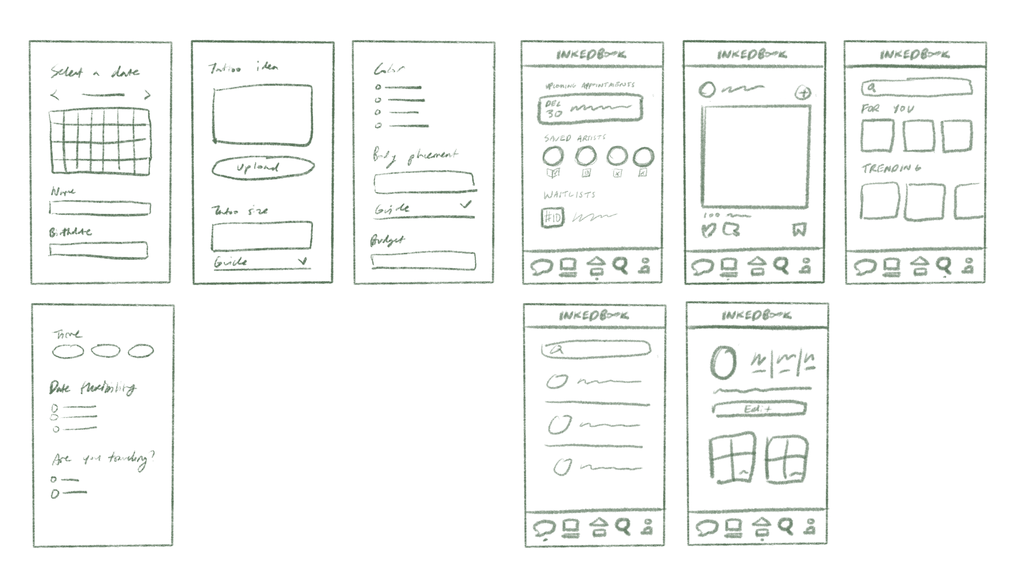 Hand-drawn interface sketches for Inkedbook screens