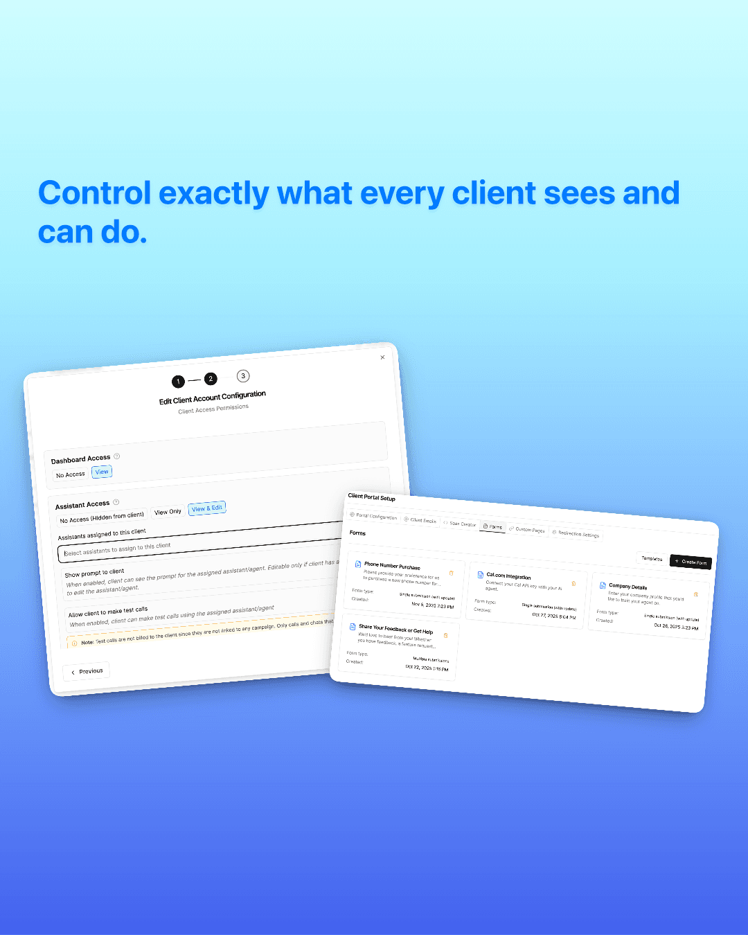 VoiceAIWrapper client portal setup showing access permissions, assistant assignment, and custom forms configuration. | VoiceAIWrapper