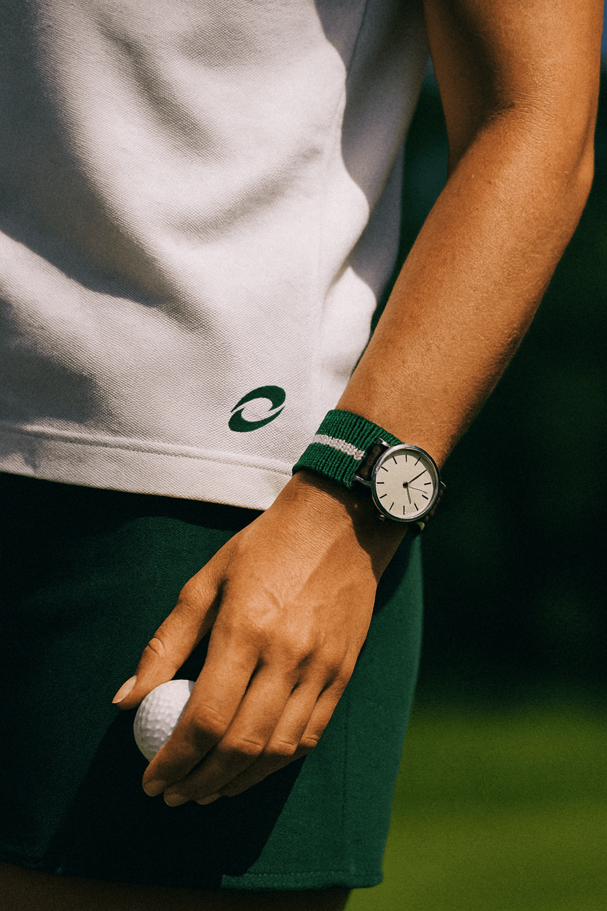 Close-up of a golfer’s hand holding a golf ball, wearing a green-striped watch and white shirt with green shorts.