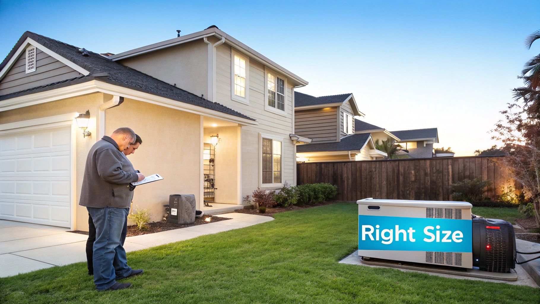 two electricians standing outside of a house next to a generator