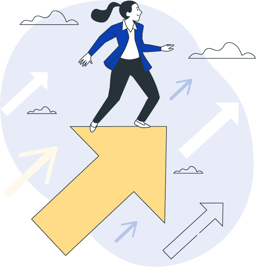 Illustration of a lady standing on arrows pointing up