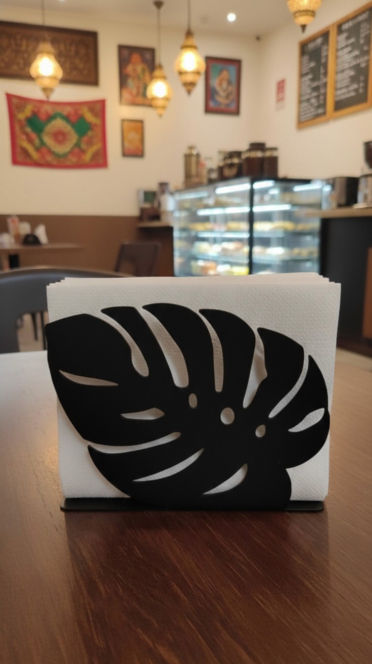 Handcrafted metal tropical leaf napkin holder