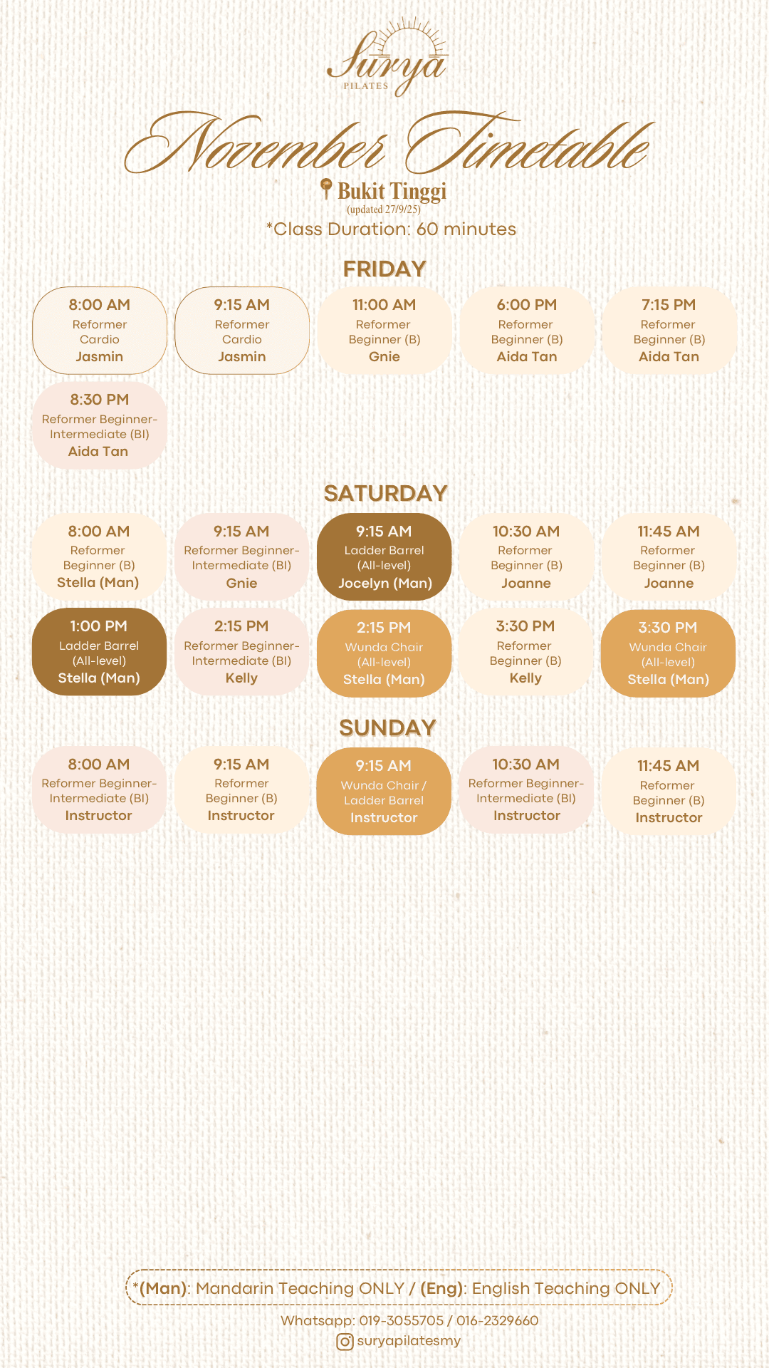 Surya Pilates Bukit Tinggi Schedule
