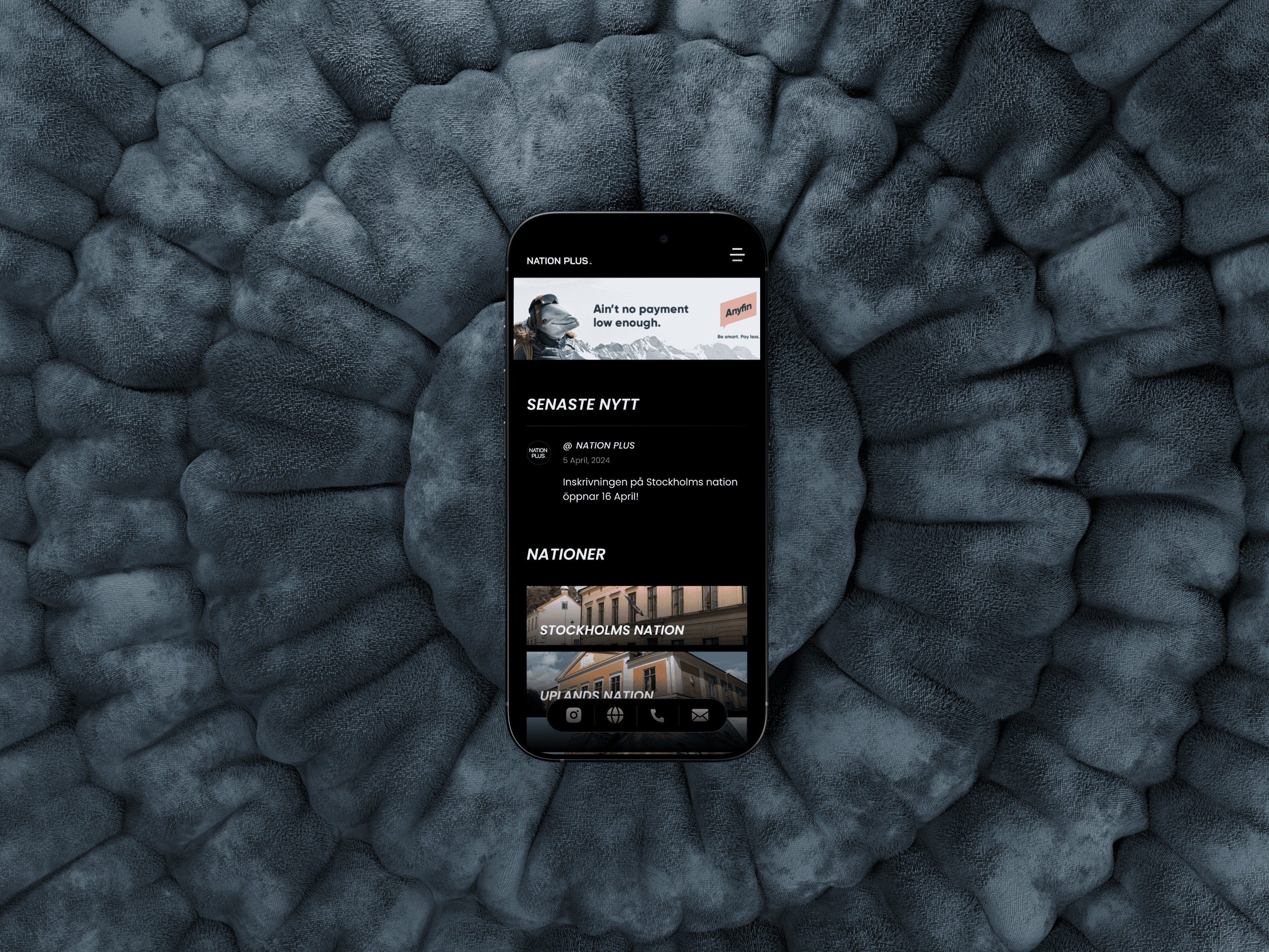 App page showing a “Latest News” feed where users receive updates from their favorited nation, with a promotional placement for companies to advertise relevant products or services.