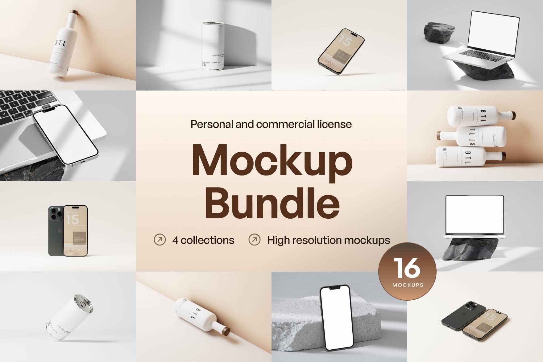 Overview of the Mockup Bundle - A collection featuring iPhone 15, Bottle, Can, and Marble Devices mockups for transforming your designs into compelling digital experiences. Realistic and detailed mockups, editable and customizable in Photoshop, available in PSD, PNG, and JPG formats. Sleek and modern aesthetics ideal for showcasing apps, websites, and products. Comprehensive bundle for cohesive and premium digital presentations.
