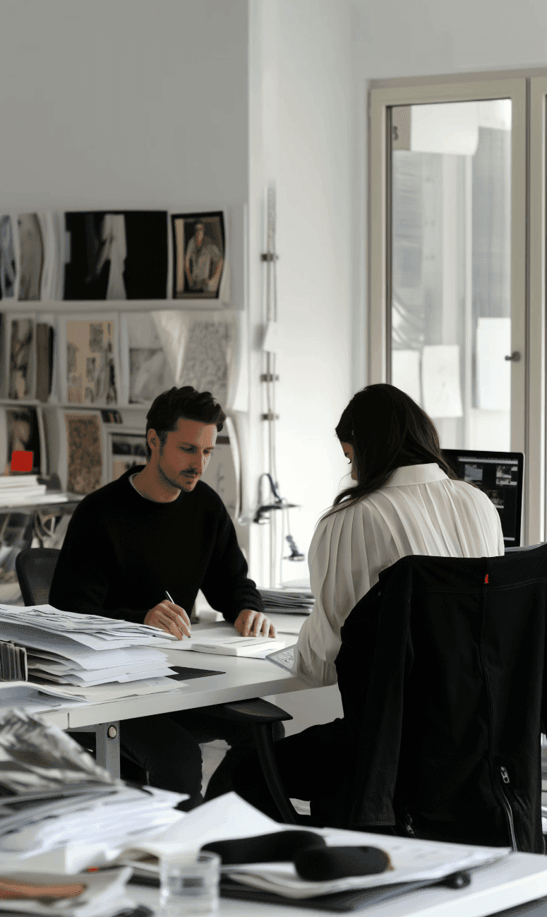 Two people working side by side at a desk in a bright studio with artwork on the walls