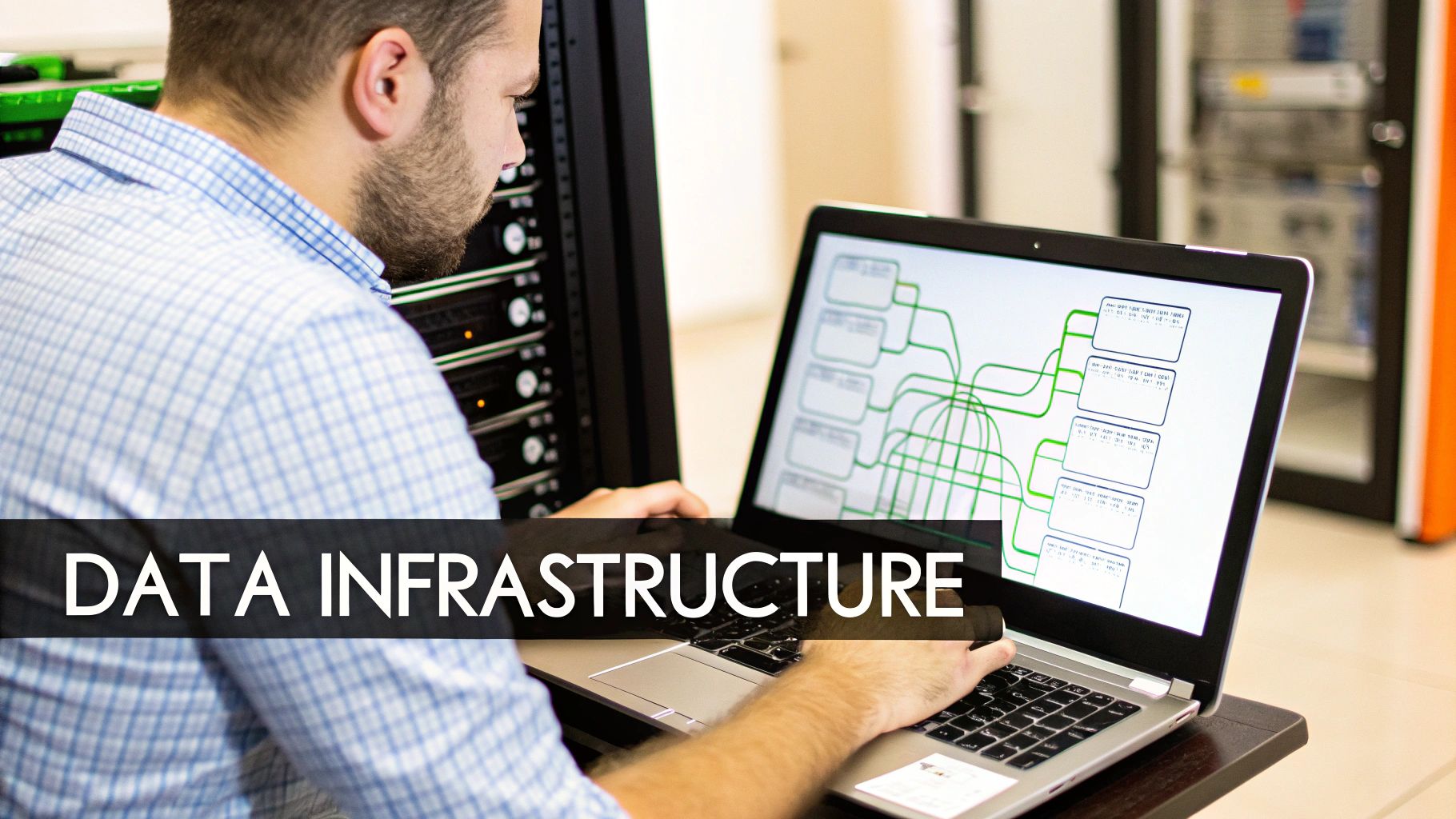 A man in a plaid shirt works on a laptop showing a network diagram in a data center.